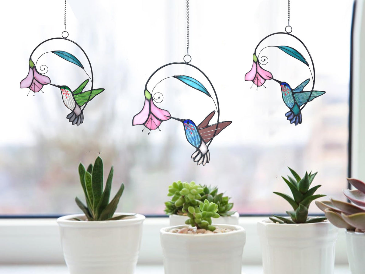 Lolitarcrafts stained glass hummingbird multicolor bloom bright sunlight