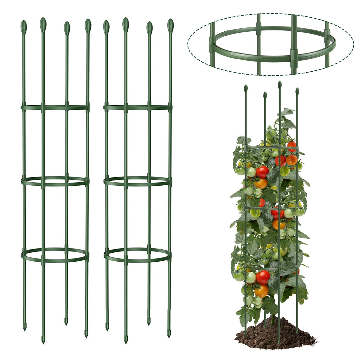 LOMNYIY round heavy duty tomato cage front view shows sturdy, rustproof support for climbing vines.