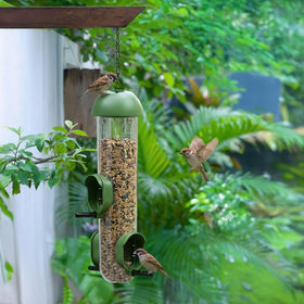 LONA bird feeder with dome cover protecting seeds from rain for consistent feeding