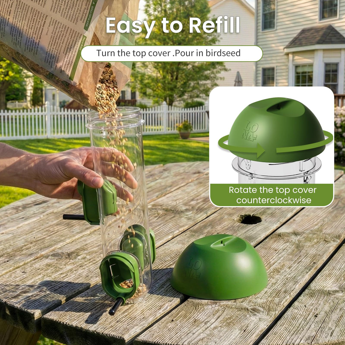 Squirrel-resistant perches on LO NA LONA bird feeder for outdoor durability