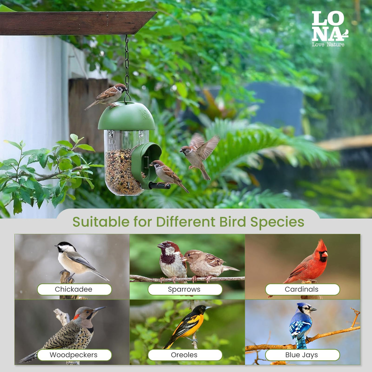 LO NA LOVE NATURE LONA attracts a variety of wild birds with seed compatibility.