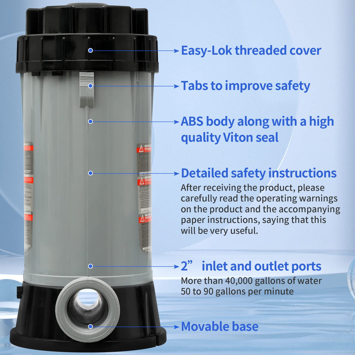LONGADS CL200 inline chlorinator top view showing Easy-Lok nut for safe tablet loading and use.