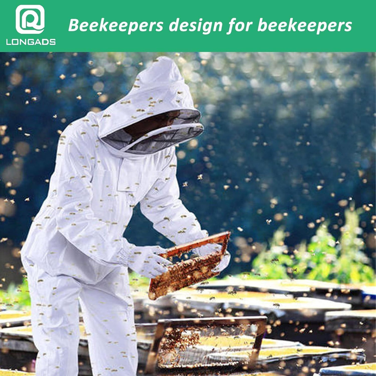 LONGADS Kid bee suit in backyard setting ready for honey harvest.