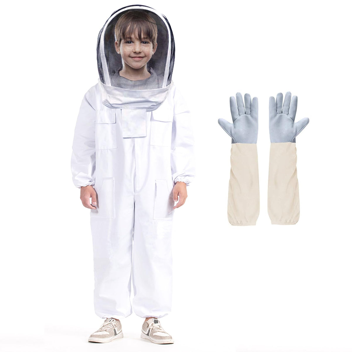 LONGADS Kid Bee Suit with veil, front view, safe backyard beekeeping.