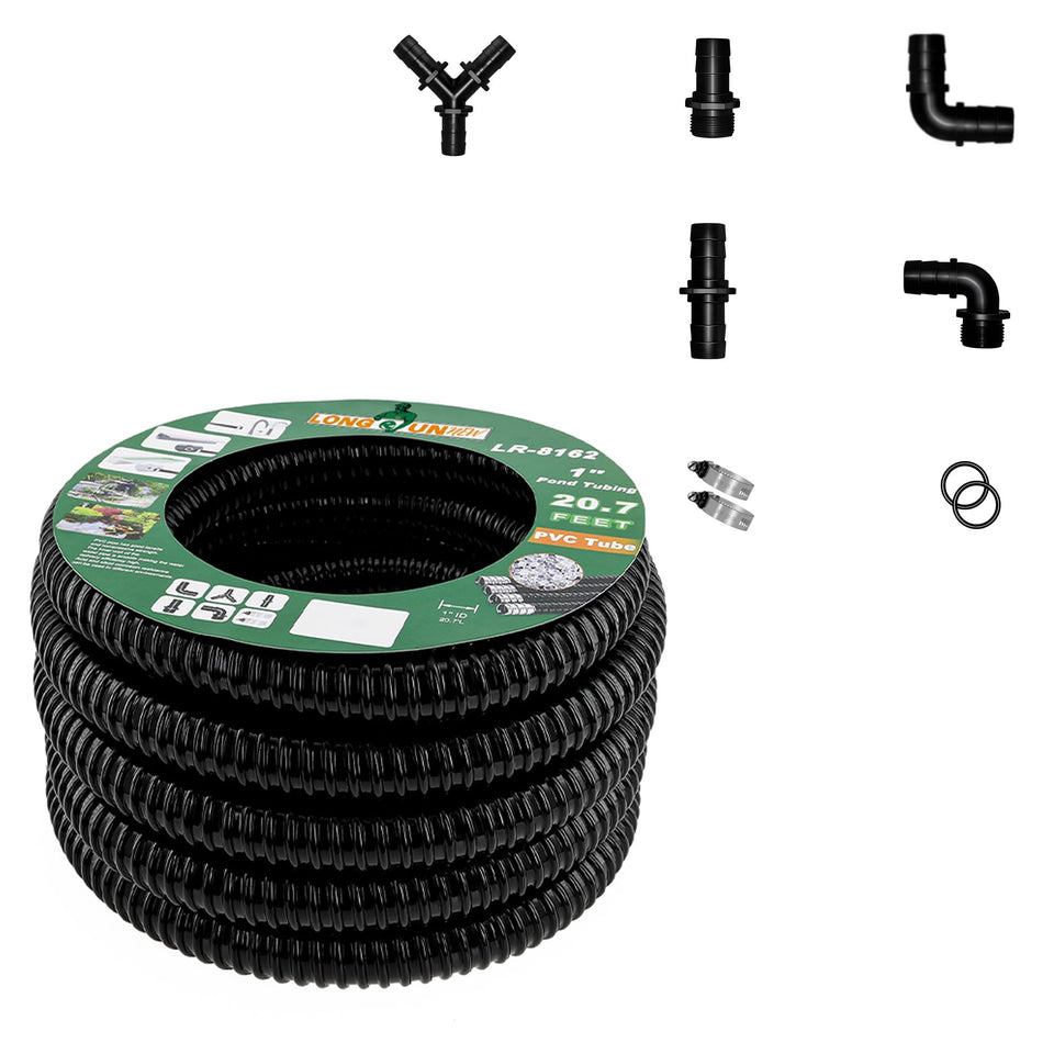 LONGRUNNEW 1inch corrugated pond hose offers flexible drainage for ponds and waterfalls.