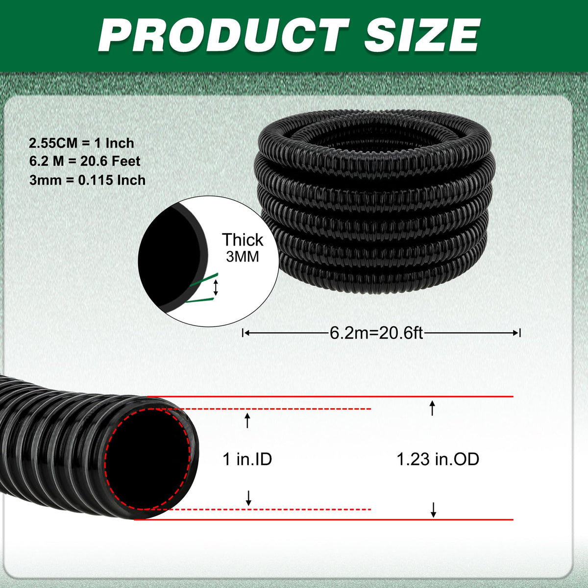 LONGRUNNEW kinkproof PVC hose demonstrates a 1.23 inch outer diameter for reliable connections.
