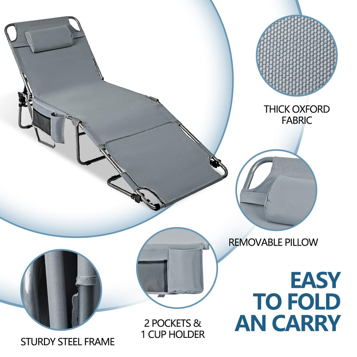 LONGTENW tanning chair backrest shown in five positions for comfort.
