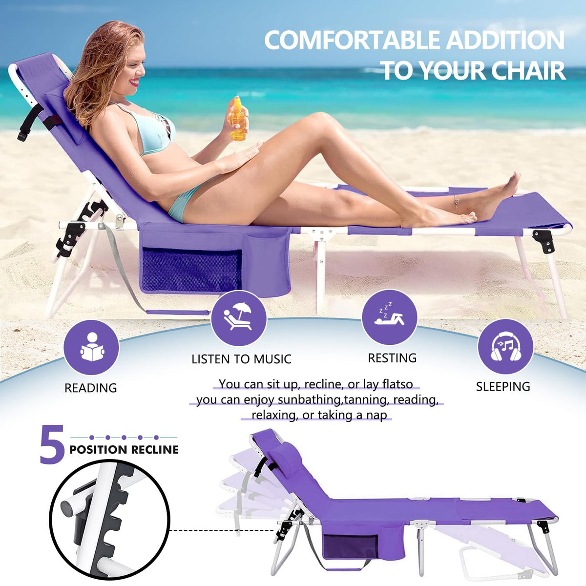 LONGTENW tanning chair textile fabric breathability keeps you cool during hot days.
