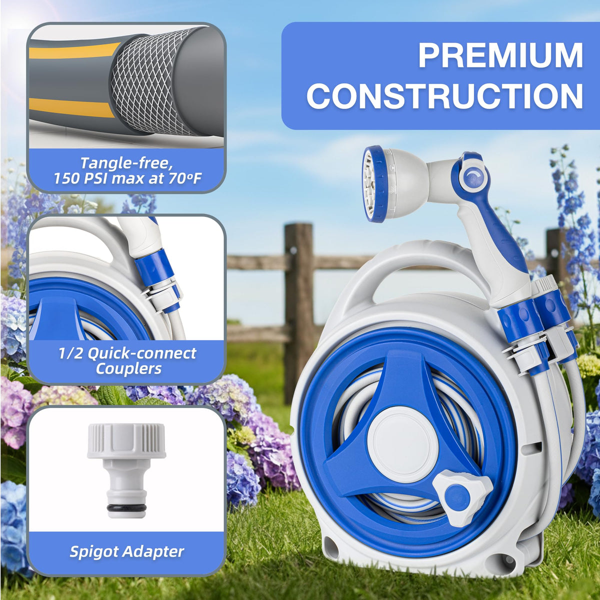LONGTIANYUE hose reel extended to 50 ft reveals broad watering reach for larger yards.
