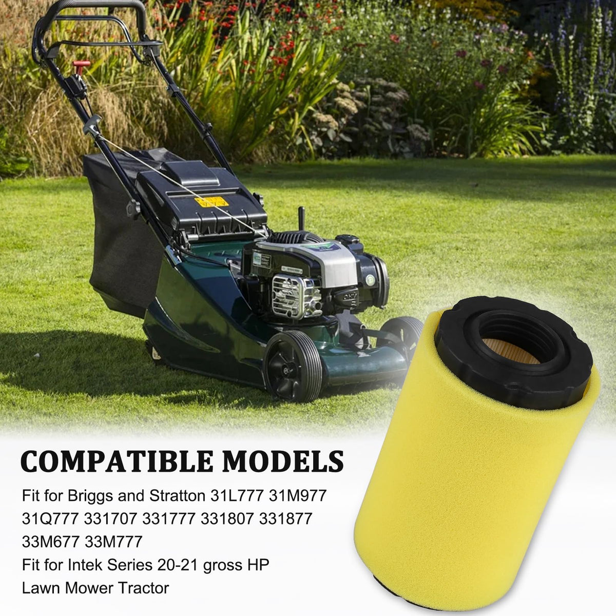 Lonsda air filter compatibility illustration, fits multiple mower models.