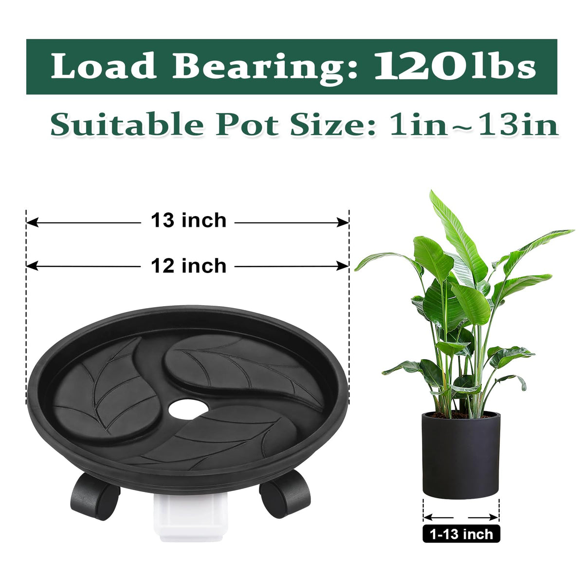 Looca rolling plant stand 13-inch diameter designed to fit most pots.