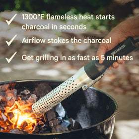 Looftlighter Classic in action ignites charcoal quickly without lighter fluid.