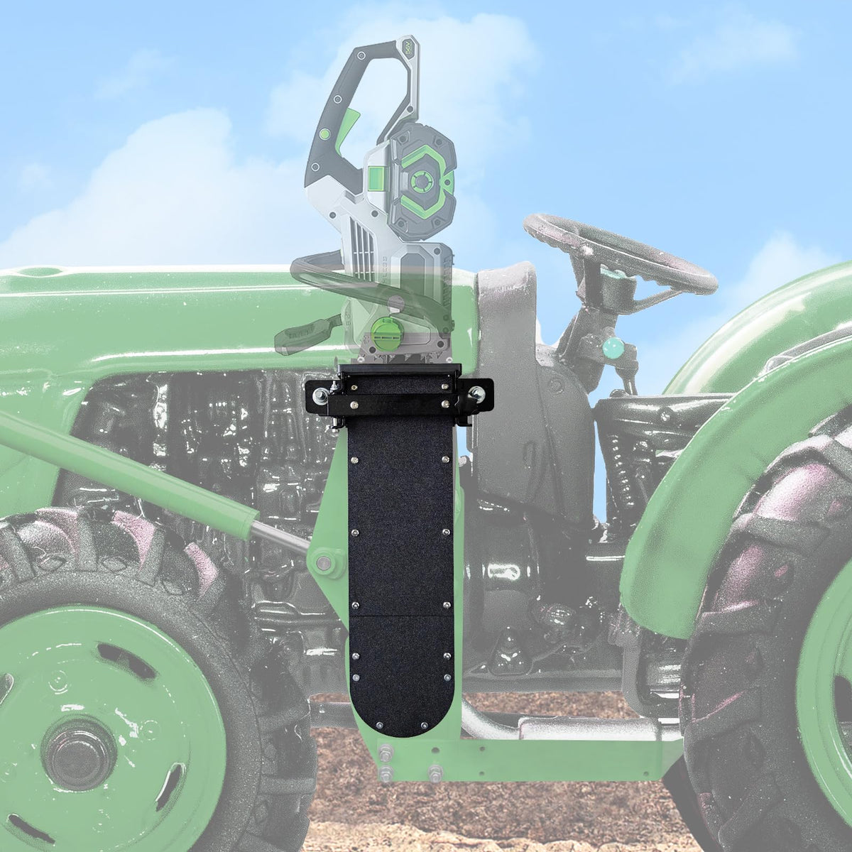 LookFox heavy-duty chainsaw holder on tractor for secure transport.