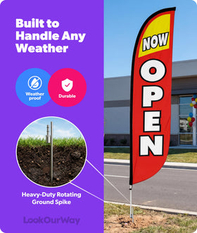 LookOurWay outdoor advertising flag enhances storefront curb appeal