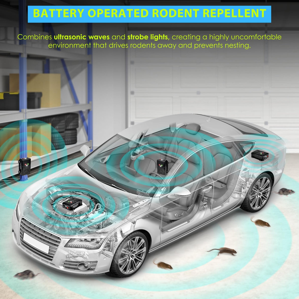 Loraffe battery-powered rodent deterrent keeps engine areas rodent-free during storage.