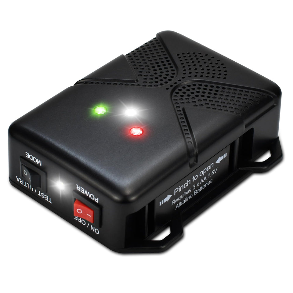 Loraffe under-hood ultrasonic rodent repellent deters mice to protect wiring.