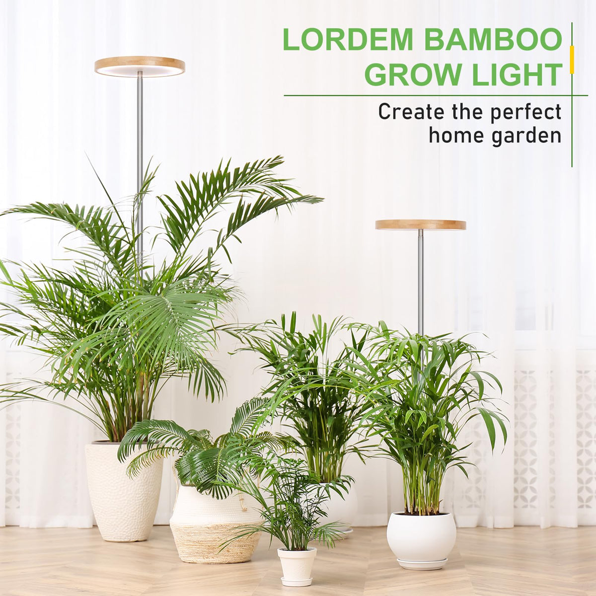 LORDEM Bamboo Grow Light mounted over potted herbs thriving under steady glow.