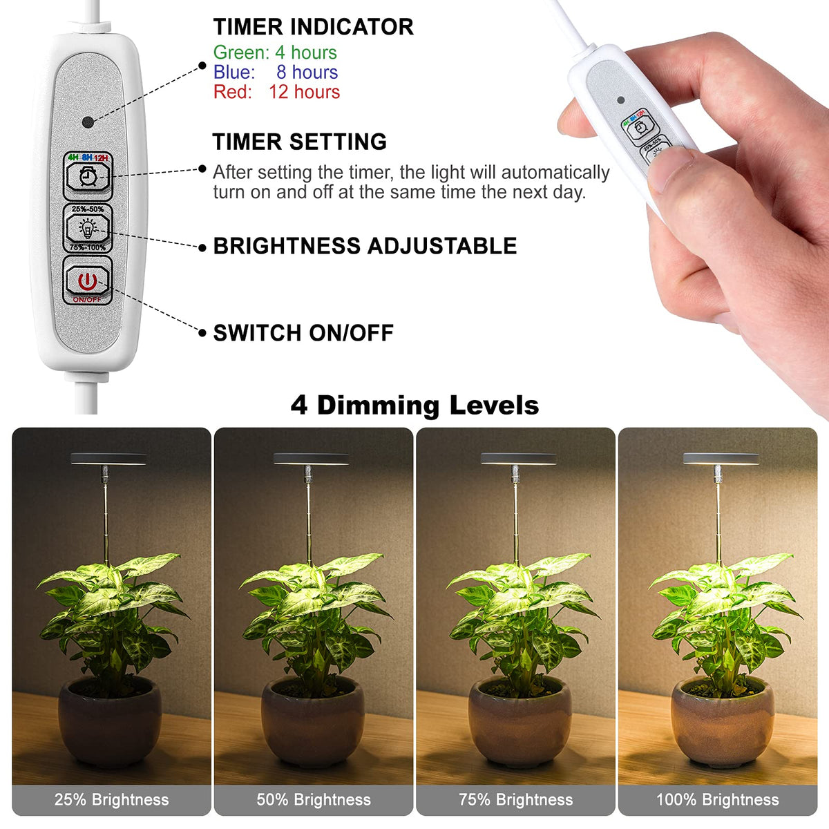 LORDEM Grow Light four dimmable brightness levels tailor light intensity for plants