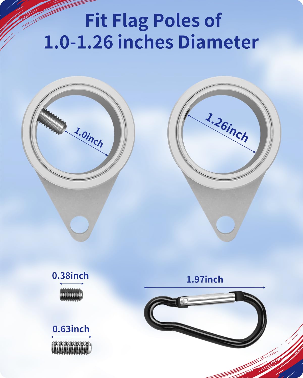 Loretoy flag pole rings with adjustable screws fit 1.00-1.25 inch poles.