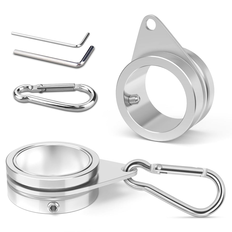 Loretoy two-pack aluminum flag pole rings enable smooth 360-degree rotation.