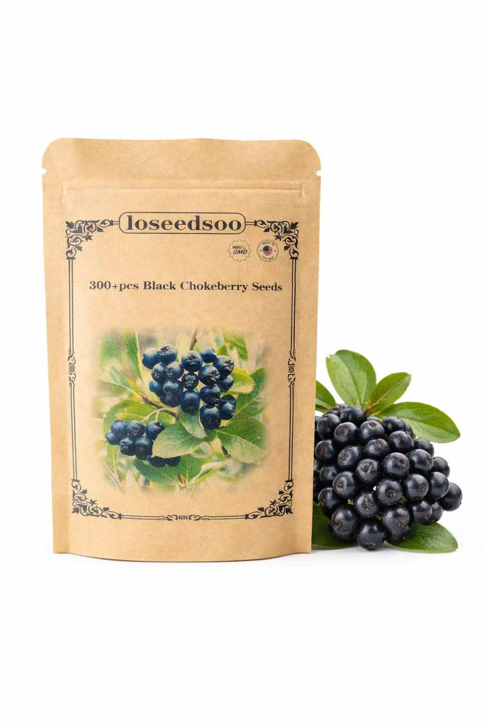 Loseedsoo Black Chokeberry seeds in resealable pouch ready for planting and storage.