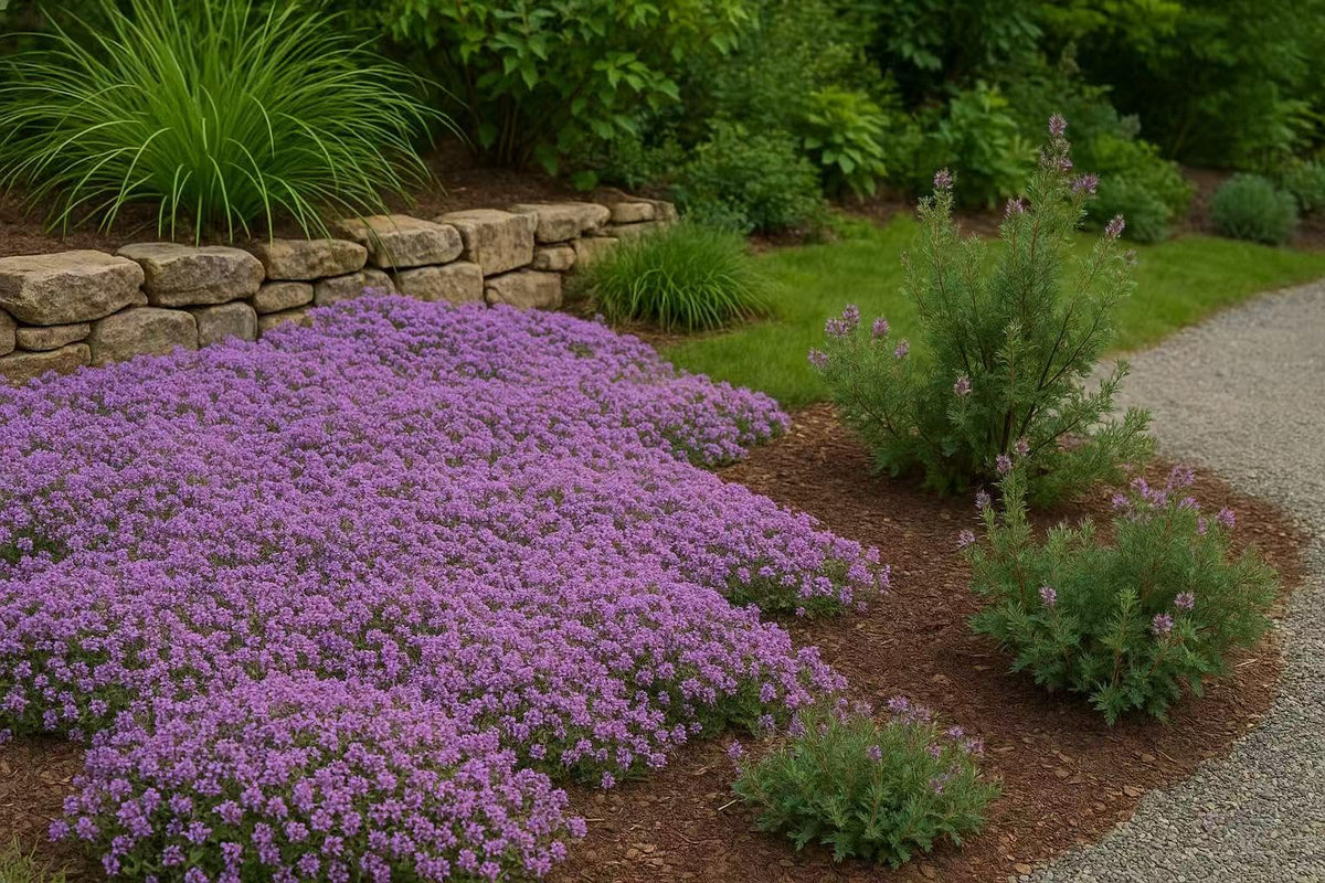 Loseedsoo ground-cover mat closeup; shows dense green mat forming between paths.