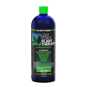 Lost Coast Plant Therapy bottle applying concentrate to plant leaves for pest control.