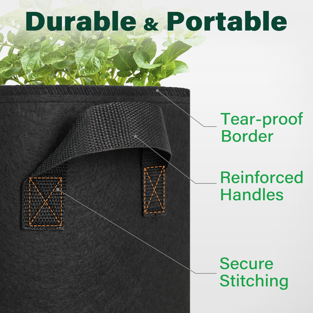LotFancy 20 gallon grow bag reinforced handles for lifting heavier loads.