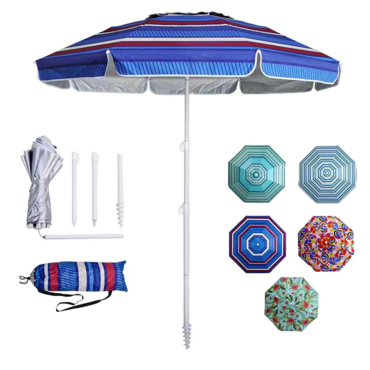 LOTTAFUN 6.5ft beach umbrella with blue stripes providing shade for two to three people.