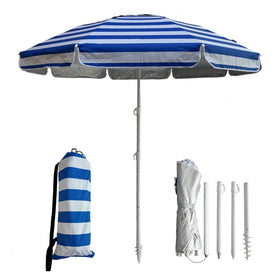 LOTTAFUN 6ft beach umbrella blue-strip fully assembled providing shade for two to three people