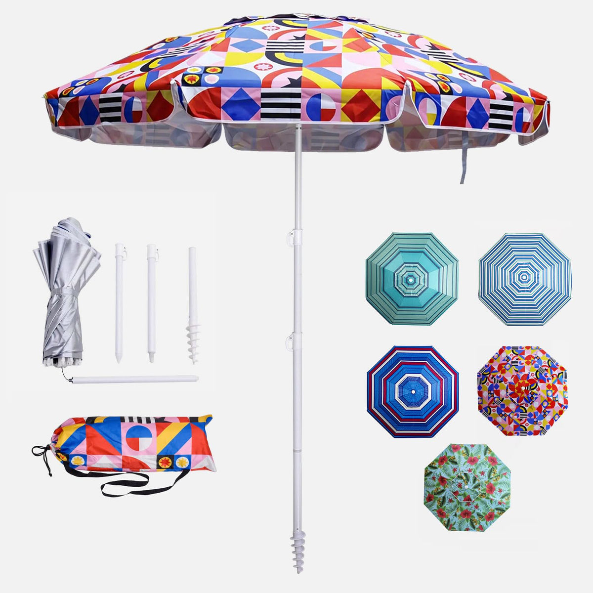 LOTTAFUN 6ft beach umbrella provides portable shade for beach trips.