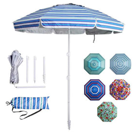 LottaFun 6.5ft beach umbrella with blue diagonal stripes offering broad shade at the seashore