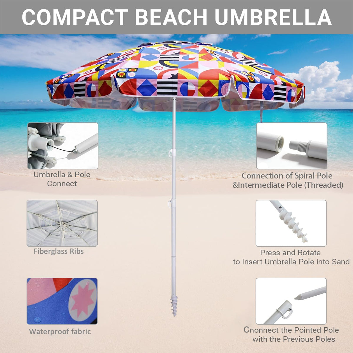 LOTTAFUN sand anchor system keeps umbrella stable in windy conditions.