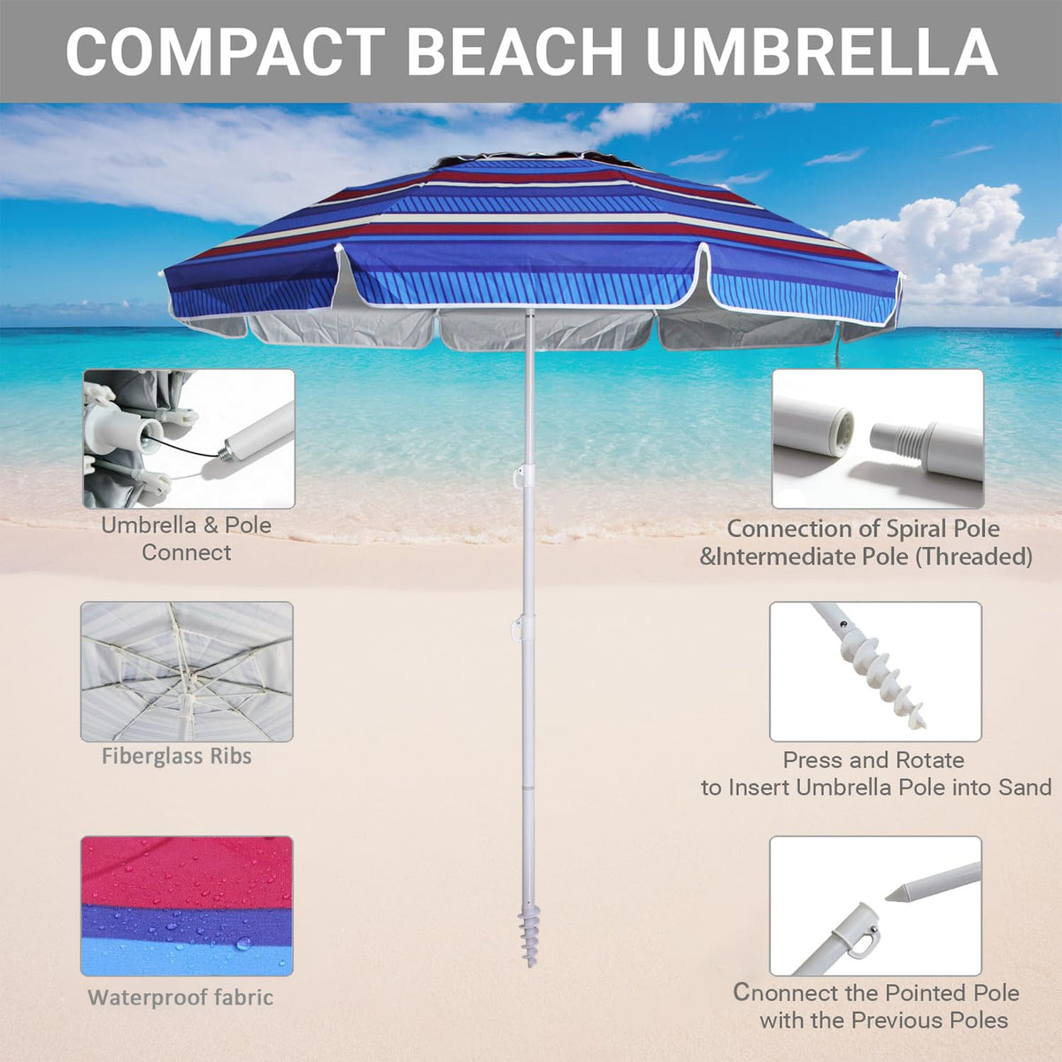 LOTTAFUN sand anchor toolkit stabilizes the umbrella on windy beaches.