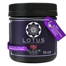 Lotus Nutrients Bloom Pro powder bottle for quick flowering nourishment.