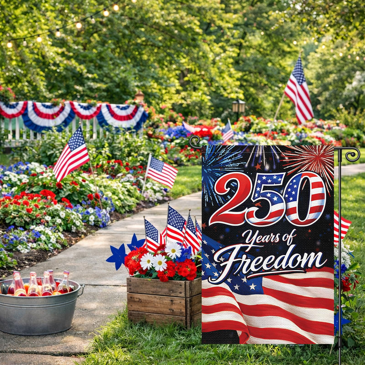 Louise Maelys 250th anniversary garden flag burlap texture adds rustic outdoor charm