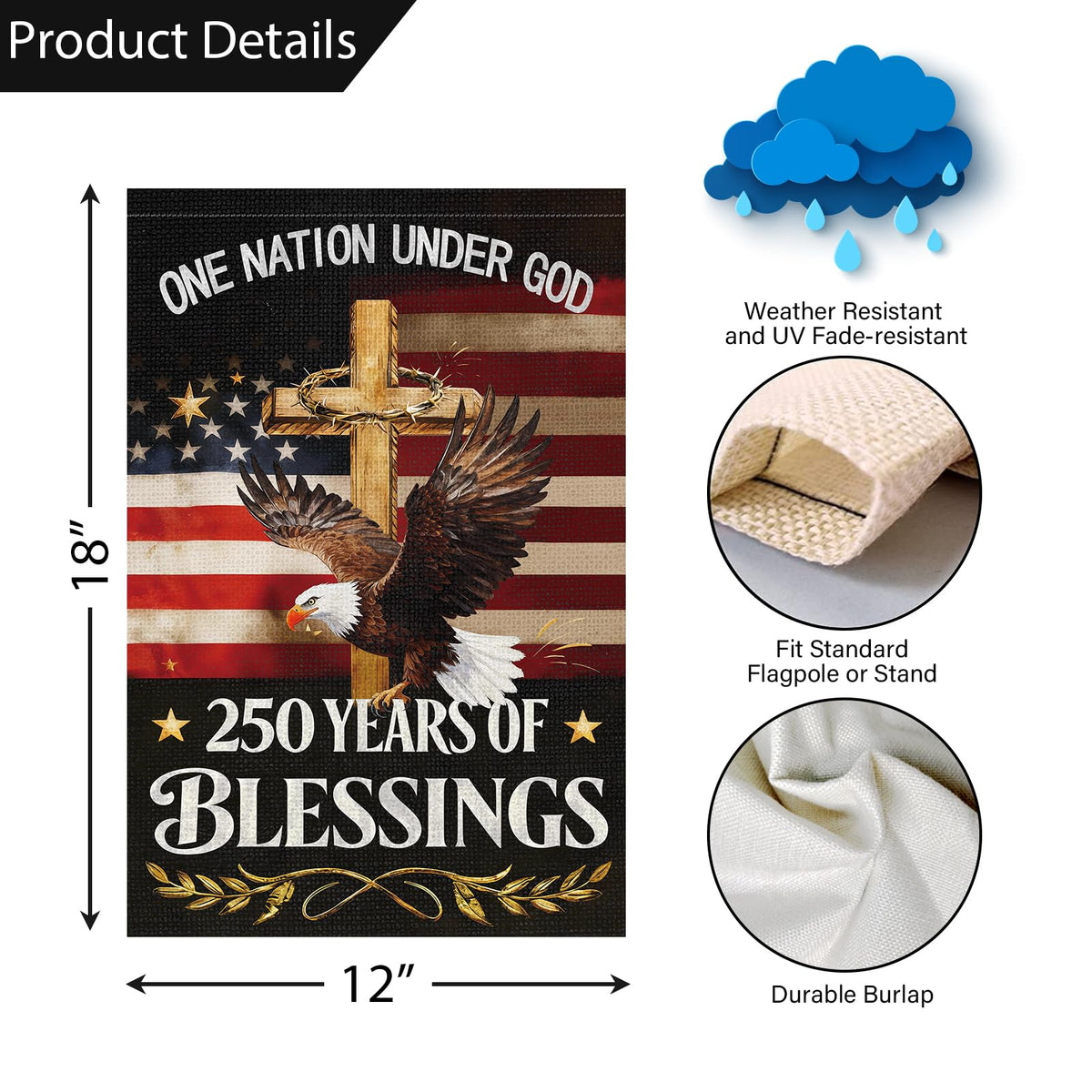 Louise Maelys 250th Anniversary garden flag, fabric texture close-up showing durable polyester.