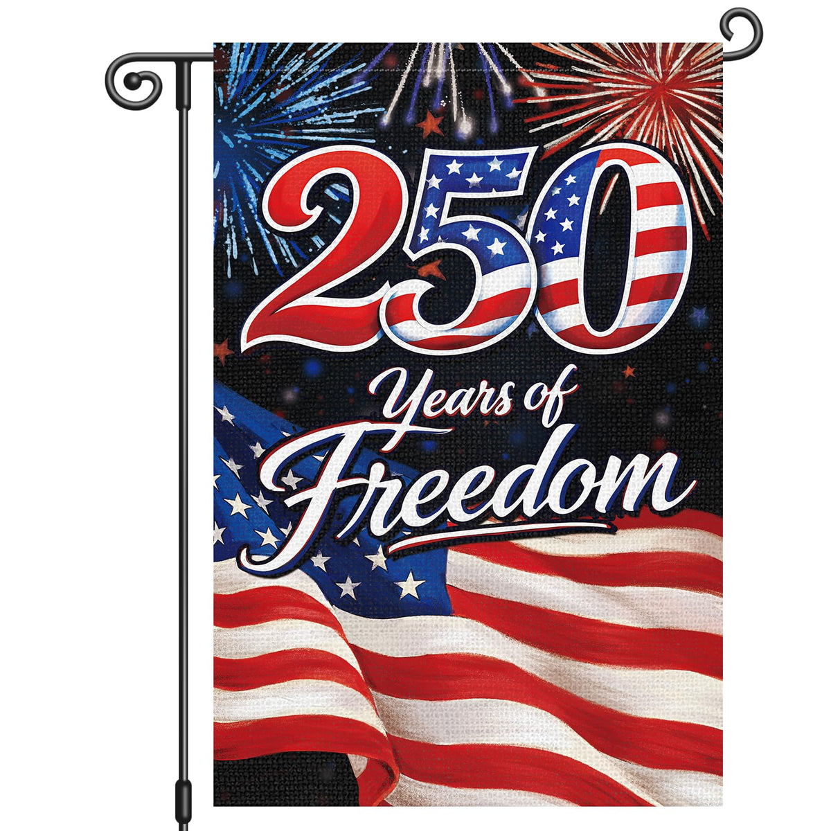 Louise Maelys 250th anniversary garden flag front view with stars and stripes for patriotic curb appeal