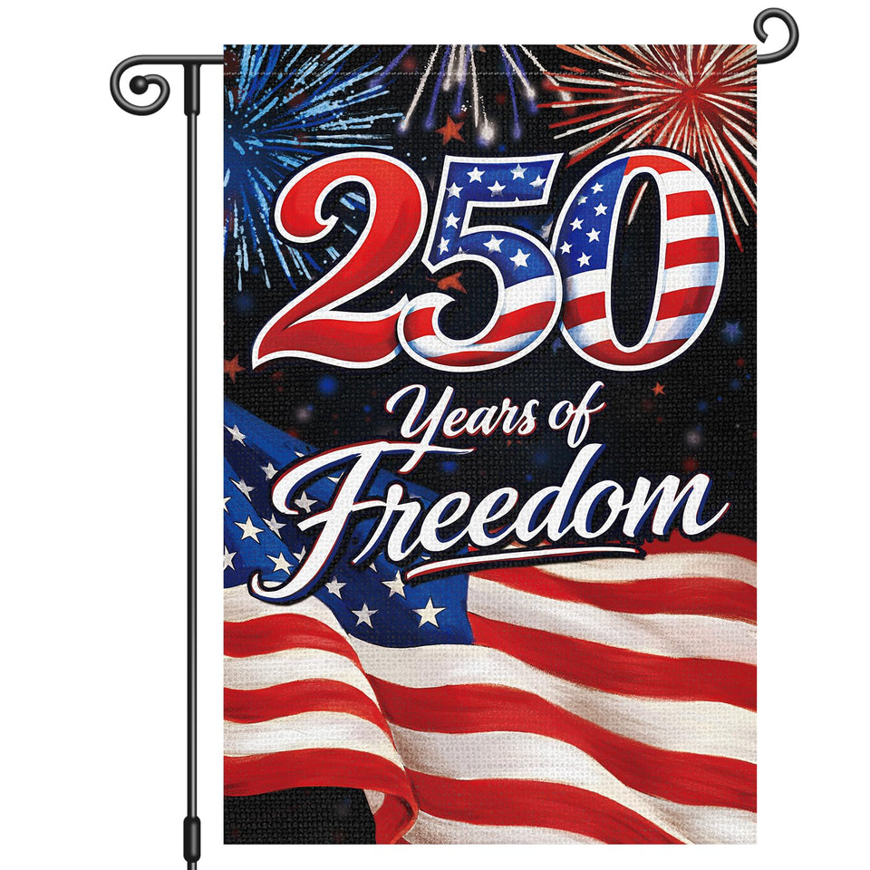 Louise Maelys 250th anniversary garden flag front view with stars and stripes for patriotic curb appeal