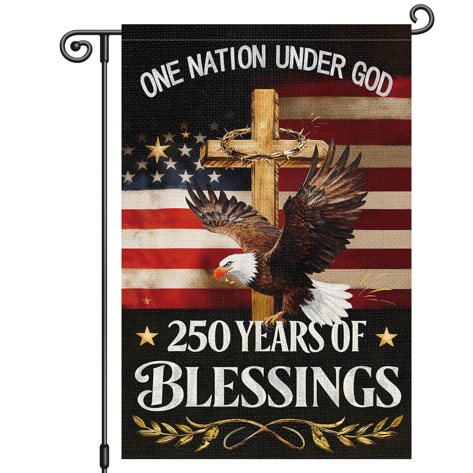 Louise Maelys 250th Anniversary garden flag, front view, double-sided print for clear visibility.