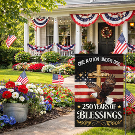 Louise Maelys 250th Anniversary garden flag, side view, vibrant colors fluttering in breeze.