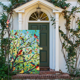 Louise Maelys bird-tree flag doubles-sided for consistent visibility.