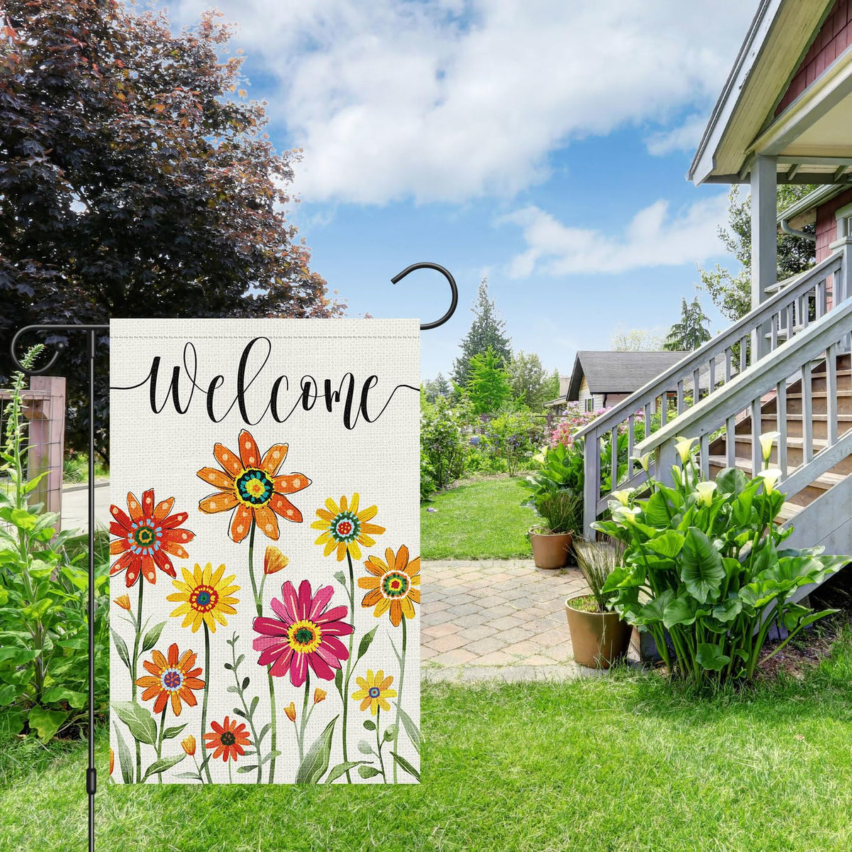 Louise Maelys burlap texture garden flag adds rustic charm to outdoor spaces.