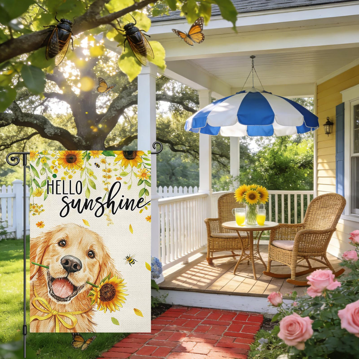 Louise Maelys double-sided flag with vibrant summer motifs visible from both directions