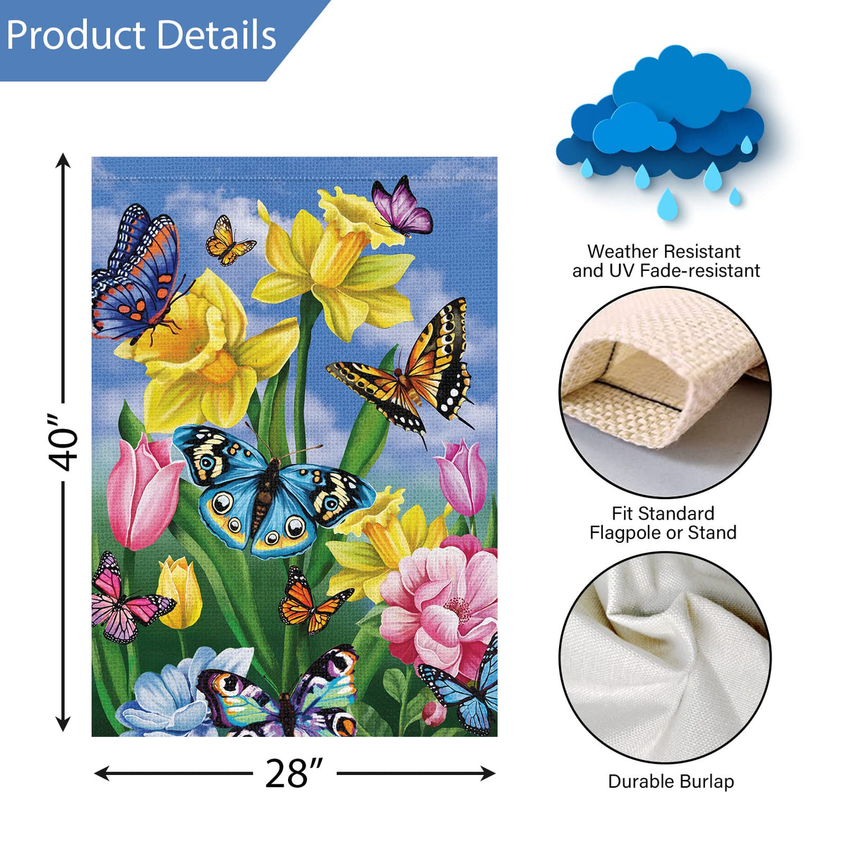 Louise Maelys floral butterfly design flag adds seasonal color to outdoor spaces.