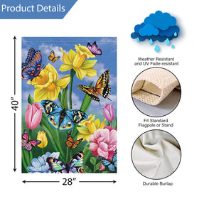 Louise Maelys floral butterfly design flag adds seasonal color to outdoor spaces.