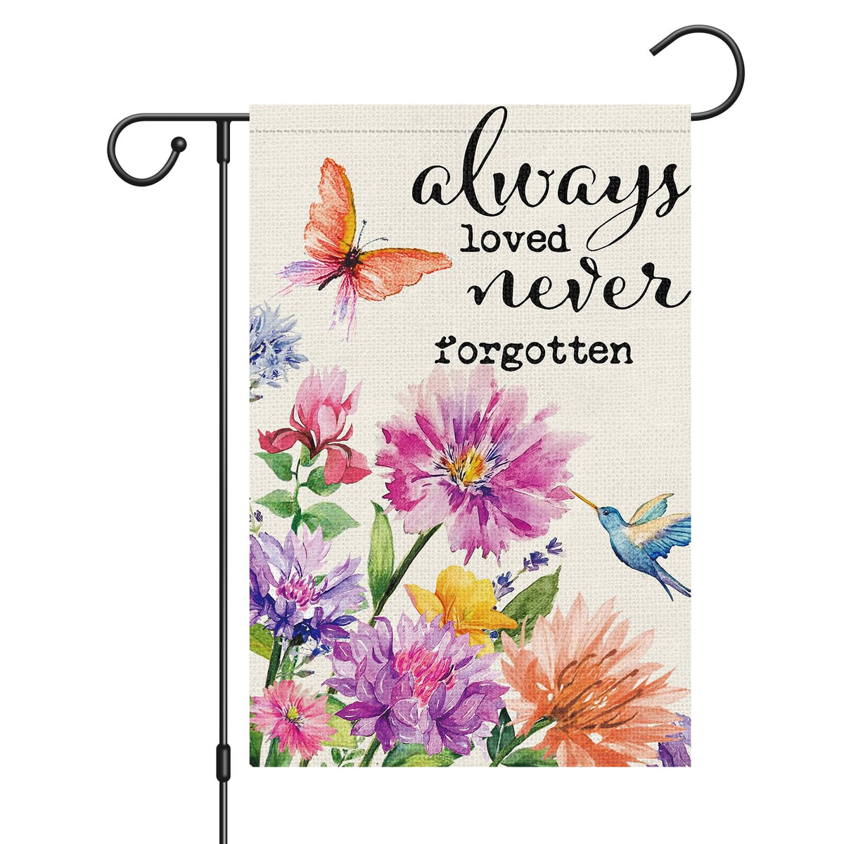 Louise Maelys memorial flag with floral hummingbird design for garden remembrance