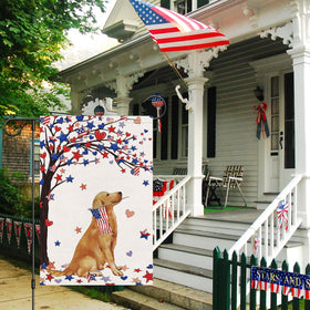 Louise Maelys garden flag shows bright patriotic print from both sides.