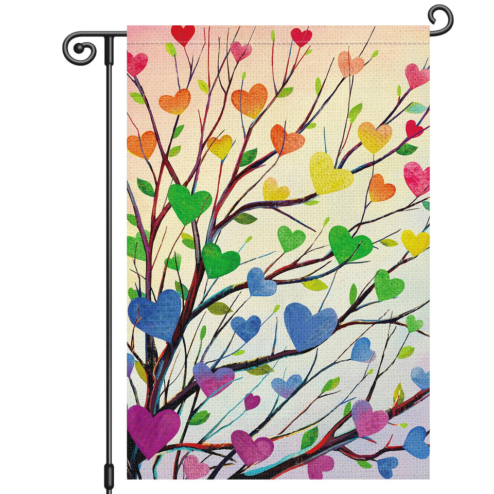 Louise Maelys Pride garden flag with rainbow tree and love heart, durable outdoor decor
