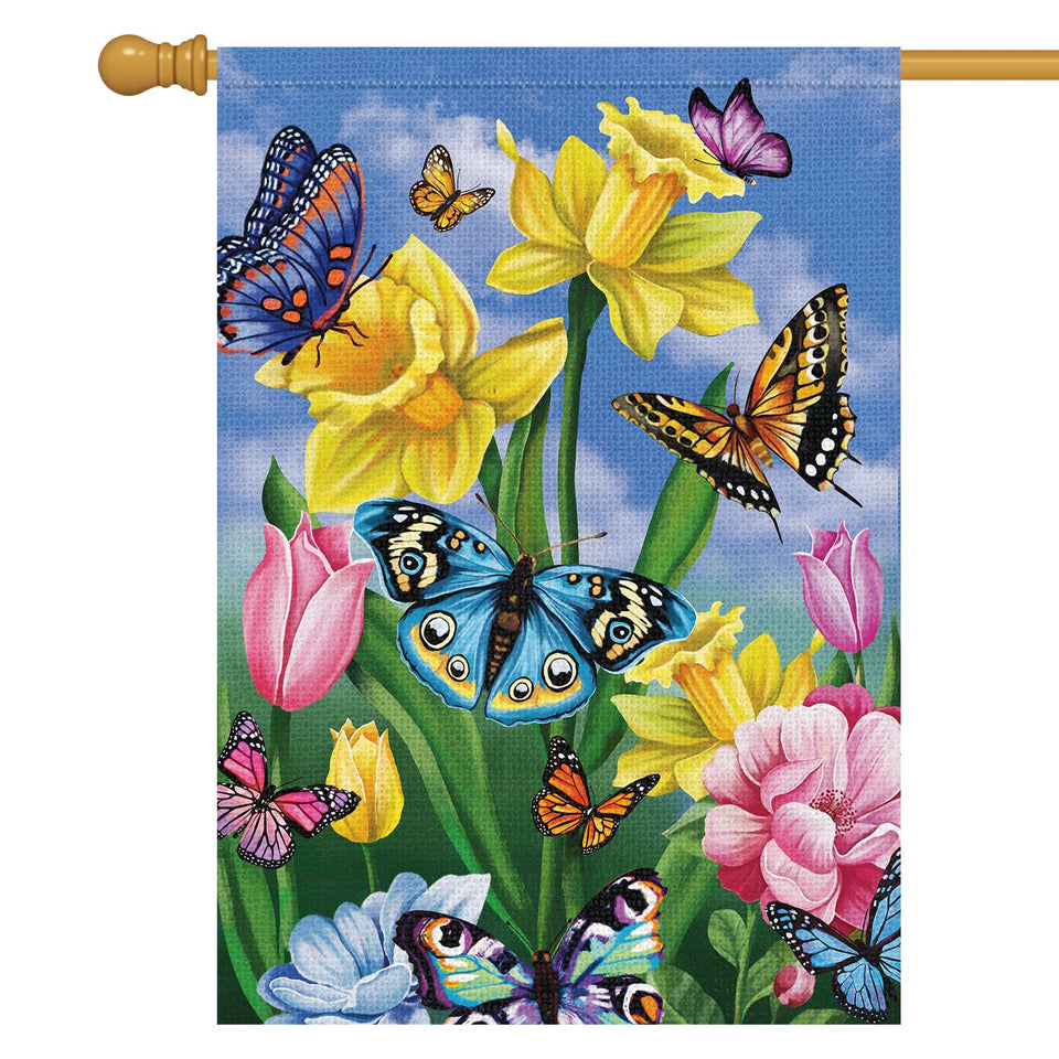 Louise Maelys spring garden flag with butterfly and floral motif for outdoor decor.